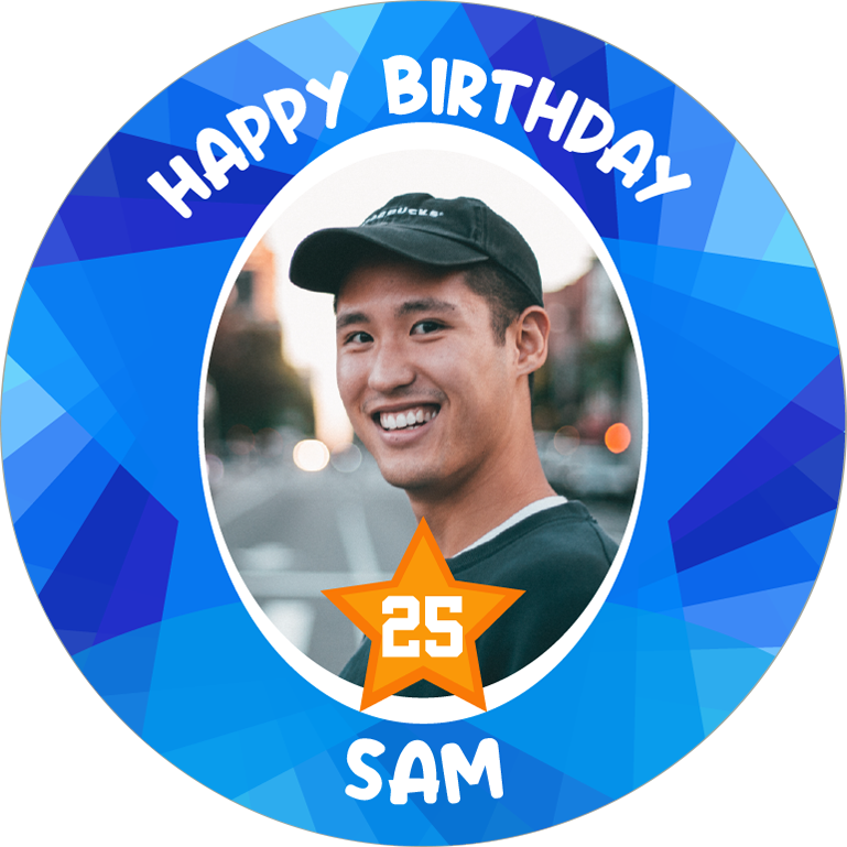 Happy birthday blue coloured funky star border custom age for him photo upload Edible Cupcake Topper