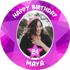 Happy birthday pink coloured funky star border custom age for her photo upload Edible Cupcake Topper