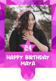 Happy birthday pink coloured funky star border custom age for her photo upload Retro Cupcake Topper