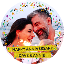 Happy anniversary sparkly gold glitter & coloured confetti photo upload Sponge Cake Topper