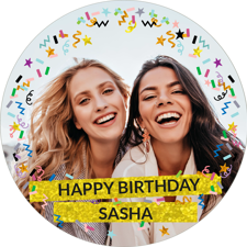 Happy birthday sparkly gold glitter & coloured confetti for her photo upload Edible Cupcake Topper