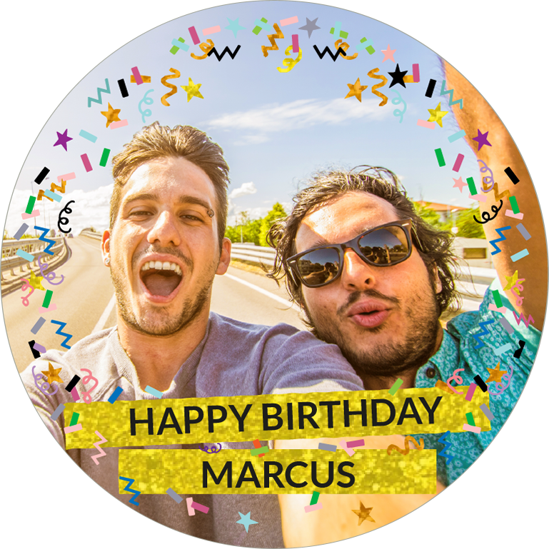 Happy birthday sparkly gold glitter & coloured confetti for him photo upload Edible Cupcake Topper