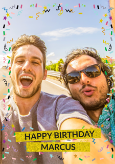 Happy birthday sparkly gold glitter & coloured confetti for him photo upload Sponge Cake Topper