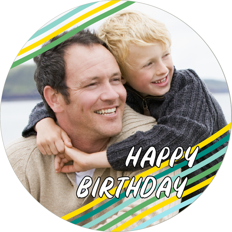 Happy birthday green, blue & yellow line border for him photo upload Wafer Cupcake Topper