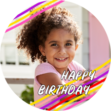 Happy birthday pink & yellow line border for girls photo upload Sponge Cake Topper