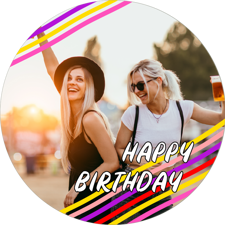Happy birthday pink & yellow line border for her photo upload Edible Cupcake Topper