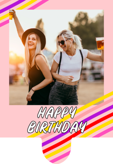 Happy birthday pink & yellow line border for her photo upload Retro Cupcake Topper