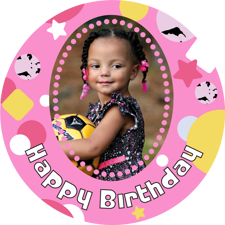 Pink & yellow star happy birthday border for girls photo upload Sponge Cake Topper