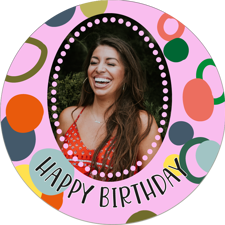 Happy birthday multi-colour abstract circle pink border for her photo upload Edible Cupcake Topper
