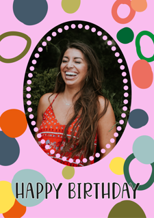 Happy birthday multi-colour abstract circle pink border for her photo upload Sponge Cake Topper