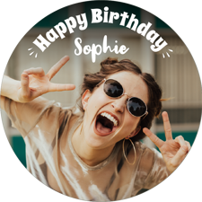 Happy birthday white handwritten text for her photo upload Edible Cupcake Topper