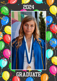 Graduation & exam theme dancing colourful balloons border photo upload Sponge Cake Topper