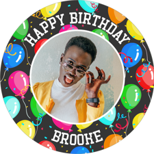 Dancing colourful balloons happy birthday border for her photo upload Edible Cupcake Topper