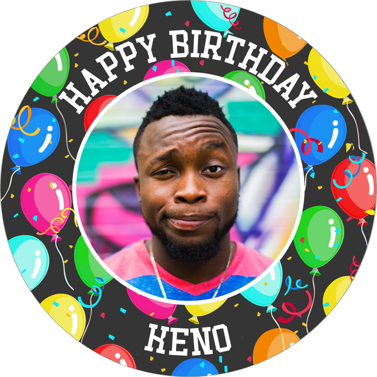 Dancing colourful balloons happy birthday border for him photo upload Edible Cupcake Topper