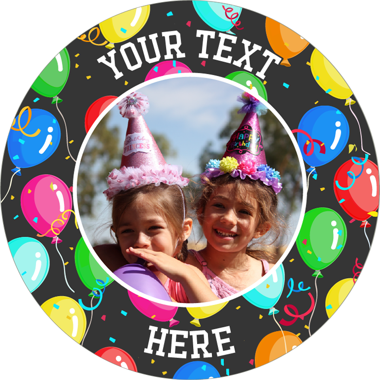 Custom text dancing colourful balloons border photo upload Edible Cupcake Topper