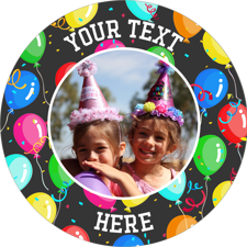 Custom text dancing colourful balloons border photo upload Edible Cupcake Topper