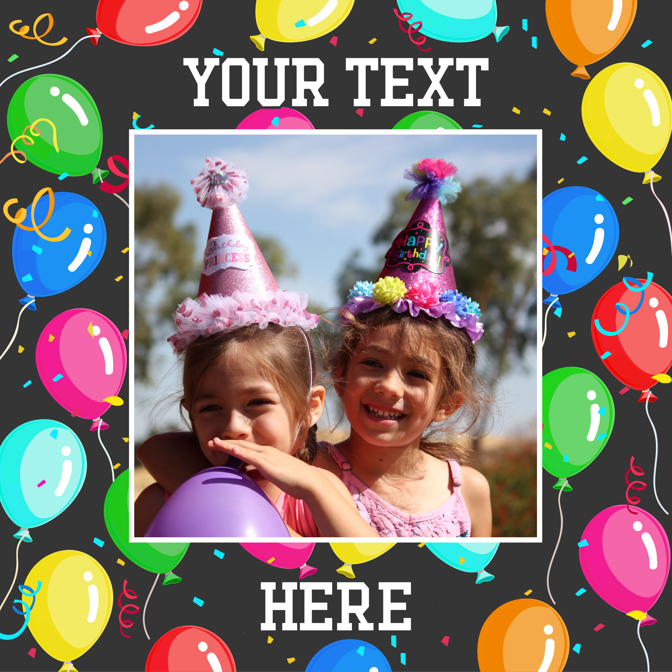 Custom text dancing colourful balloons border photo upload Sponge Cake Topper