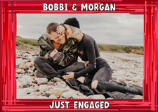 Just engaged red swirl border photo upload Sponge Cake Topper