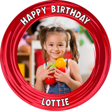 Happy birthday red swirl border for girls photo upload Sponge Cake Topper