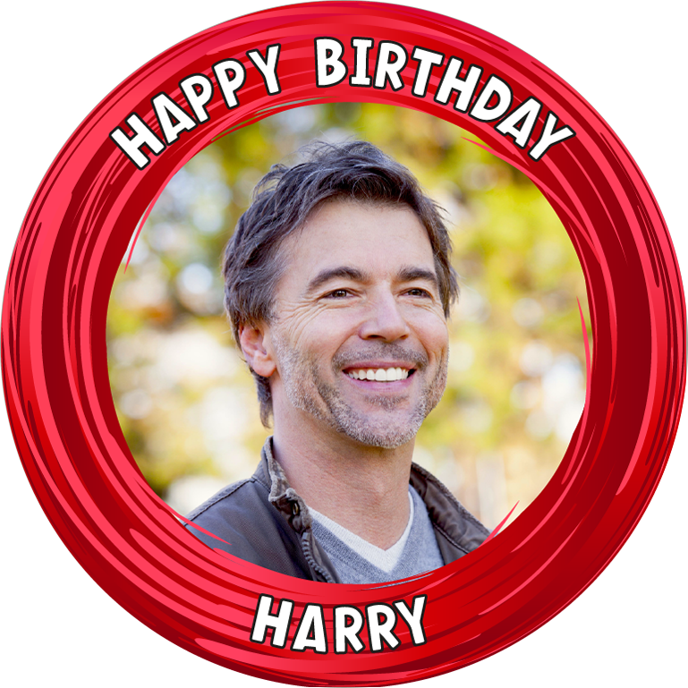 Happy birthday red swirl border for him photo upload Edible Cupcake Topper
