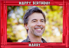 Happy birthday red swirl border for him photo upload Sponge Cake Topper
