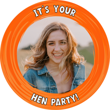 Custom name hen do orange swirl border photo upload Sponge Cake Topper