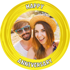 Happy anniversary yellow swirl border photo upload Sponge Cake Topper