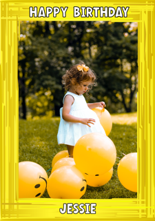 Happy birthday yellow swirl border for girls photo upload Sponge Cake Topper