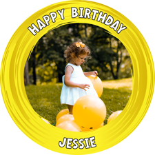 Happy birthday yellow swirl border for girls photo upload Sponge Cake Topper