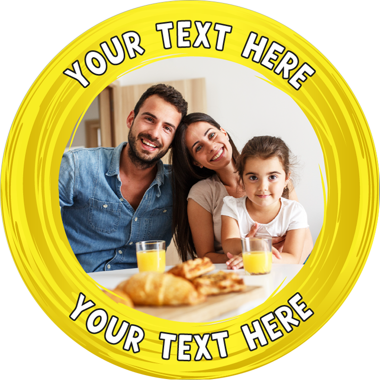 Custom message yellow swirl border photo upload Edible Cupcake Topper