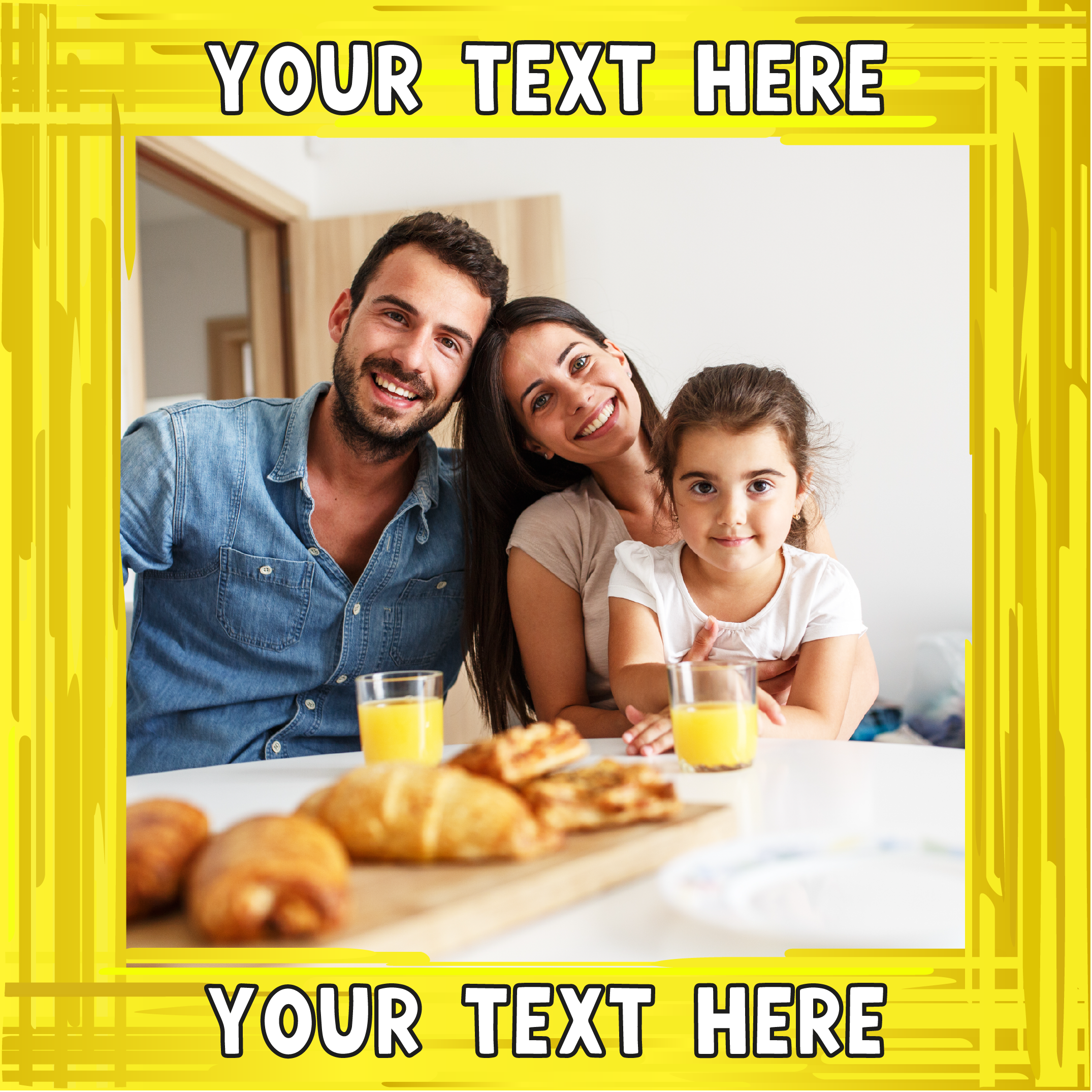 Custom message yellow swirl border photo upload Sponge Cake Topper