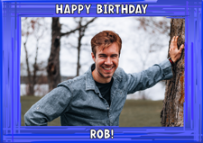 Happy birthday dark blue swirl border for him photo upload Sponge Cake Topper