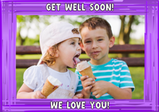 Get well soon purple swirl border photo upload Sponge Cake Topper