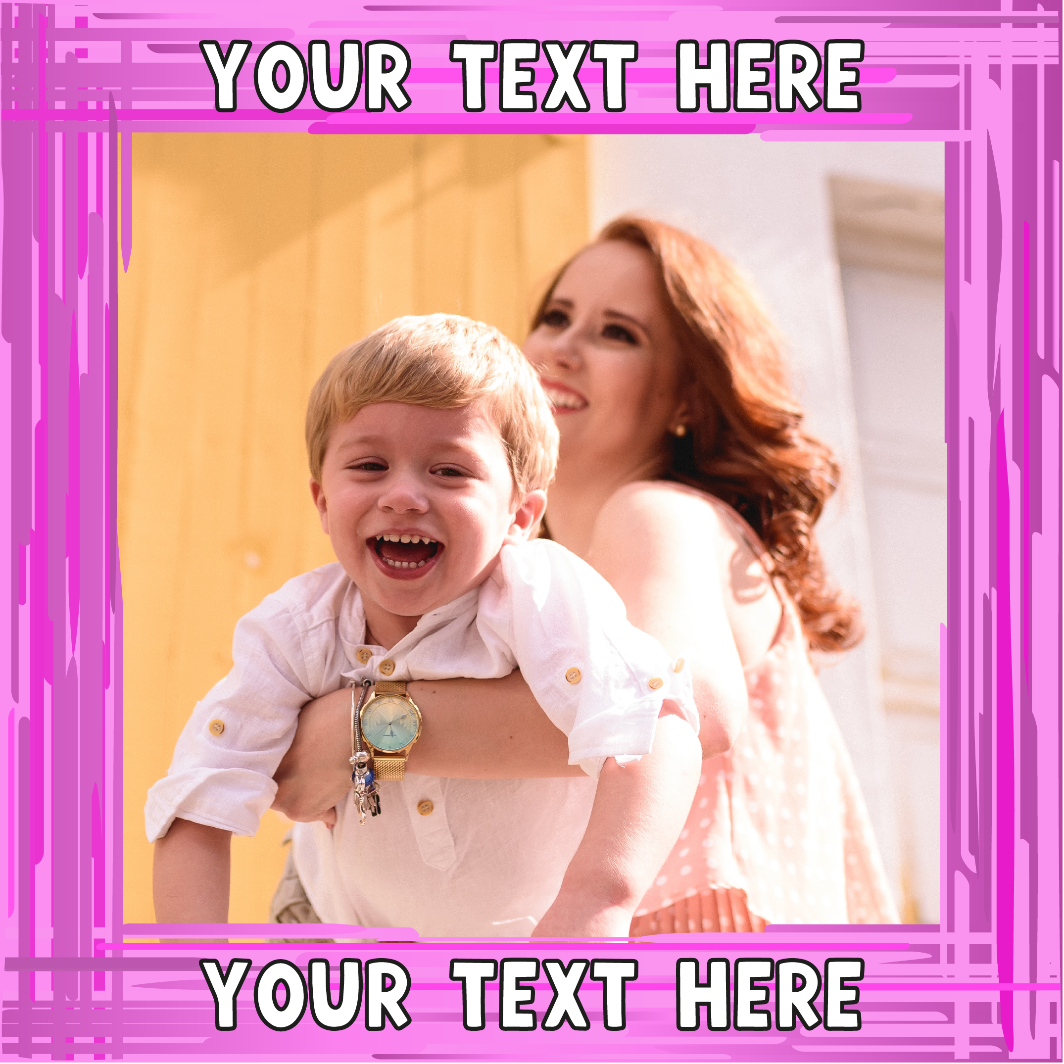 Custom message pink swirl border photo upload Sponge Cake Topper