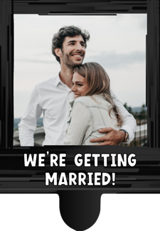 We're engaged black swirl border photo upload Retro Cupcake Topper