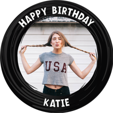 Happy birthday black swirl border for her photo upload Edible Cupcake Topper