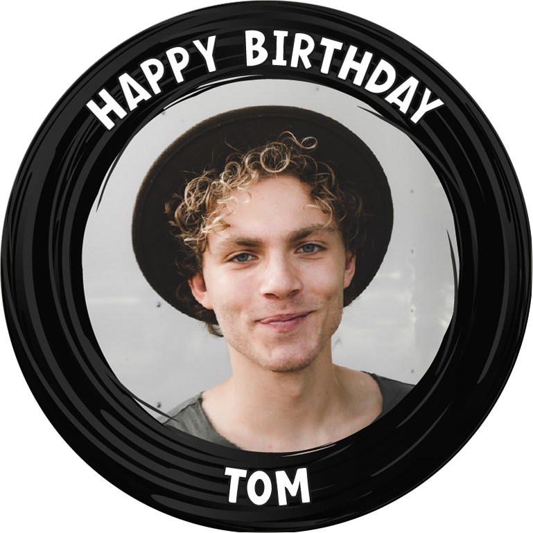Happy birthday black swirl border for him photo upload Edible Cupcake Topper