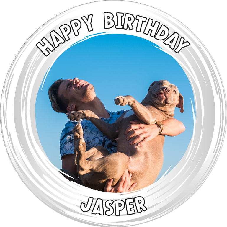 Happy birthday white swirl border for him photo upload Edible Cupcake Topper