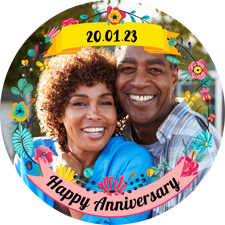 Anniversary pretty colourful flower border photo upload Sponge Cake Topper