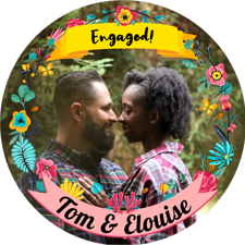 You’re engaged pretty colourful flower border photo upload Wafer Cupcake Topper