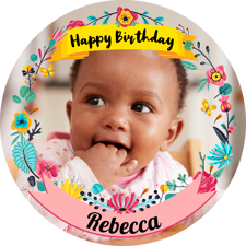 Happy birthday pretty colourful flowers border for girls photo upload Sponge Cake Topper