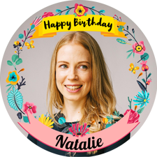 Happy birthday pretty colourful flowers border for her photo upload Edible Cupcake Topper