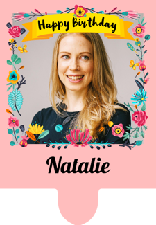 Happy birthday pretty colourful flowers border for her photo upload Retro Cupcake Topper