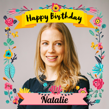 Happy birthday pretty colourful flowers border for her photo upload Sponge Cake Topper