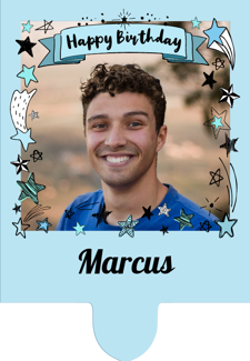 Illustrated blue stars border 'happy birthday' banner for him photo upload Retro Cupcake Topper