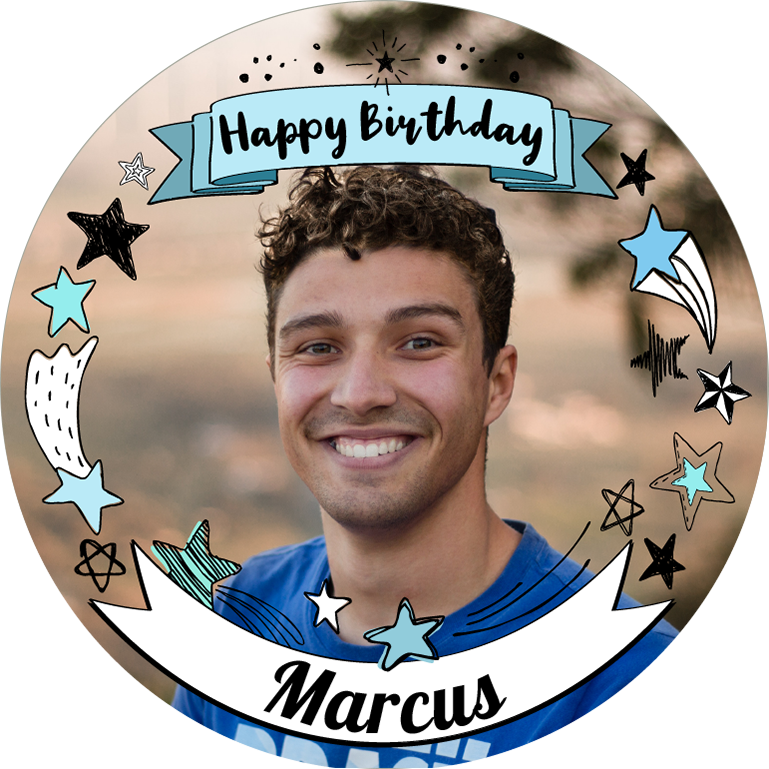 Illustrated blue stars border 'happy birthday' banner for him photo upload Wafer Cupcake Topper