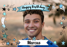 Illustrated blue stars border 'happy birthday' banner for him photo upload Sponge Cake Topper