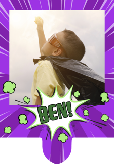 Superhero purple green comic book name photo upload Retro Cupcake Topper