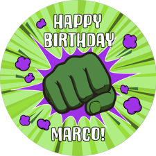 Happy birthday superhero strong green hand custom text Edible Cupcake Topper