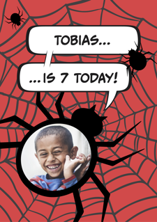 Happy birthday spider web superhero comic speech bubble for boys photo upload Sponge Cake Topper